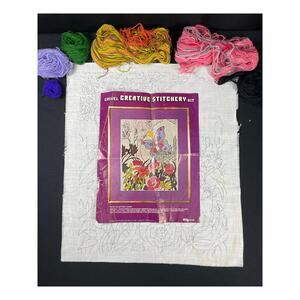 Vintage Crewel Creative Stitchery Kit, Butterfly Garden, Stamped Needlecraft